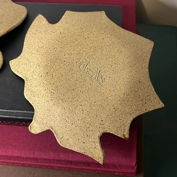 Handmade Pottery Blue Brown Drip Glaze Oak and Maple Leaf Trinket Trays - Picture 5 of 8